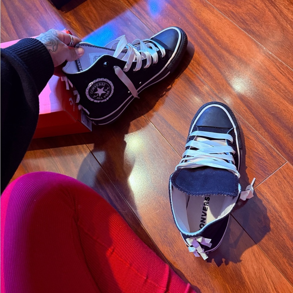 Black High-Top Canvas Sneakers with Pink Satin Ribbon Laces - Picture 6 of 9
